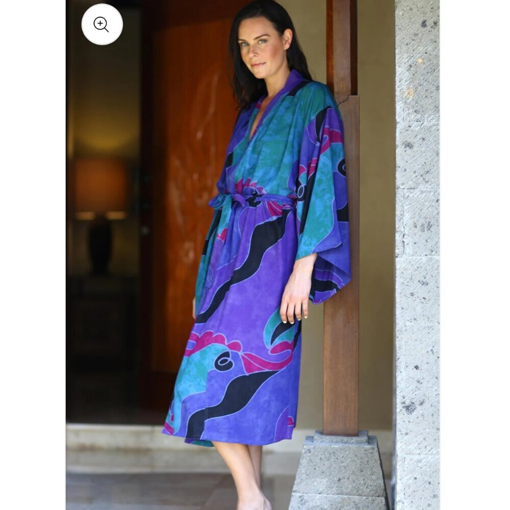 NOVICA Turquoise Ocean Batic Long Robe / Cover Up Size L / XL / XXL